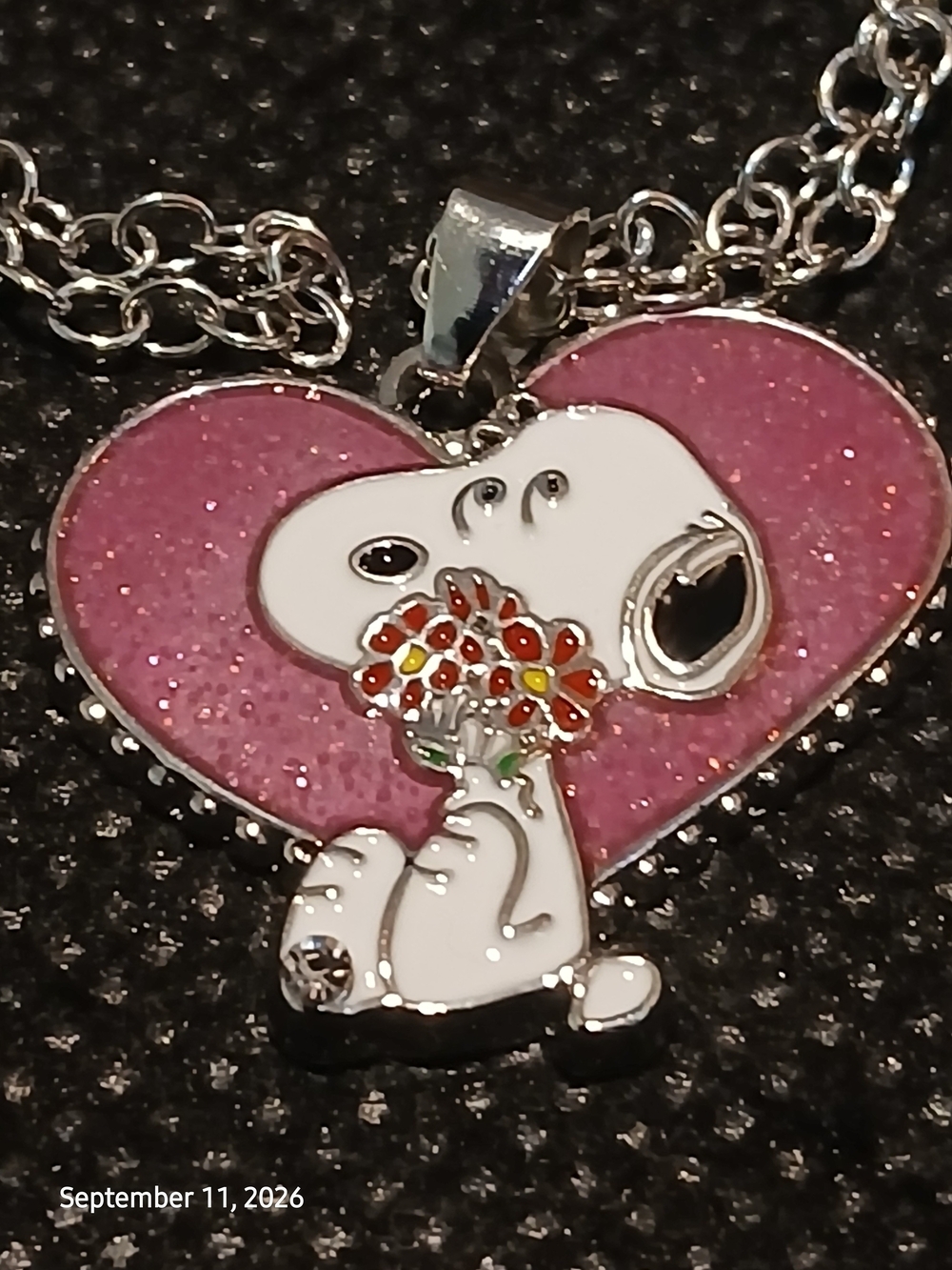 Peanuts -Snoopy Pendant Necklace,Manmade Diamond On Snoopy's Heel & Flowers, 24"
